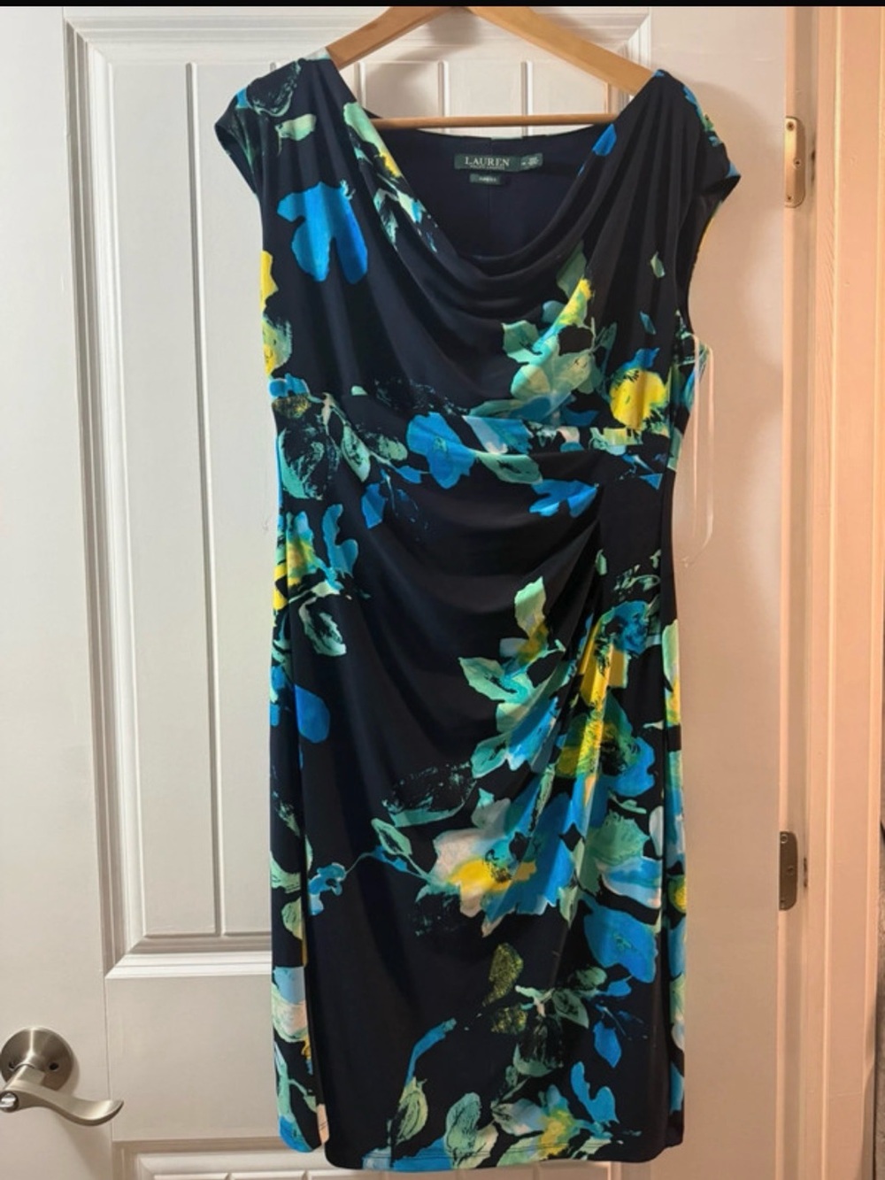 Ralph Lauren Navy Midi Dress with Blue Teal and Yellow Floral Print
